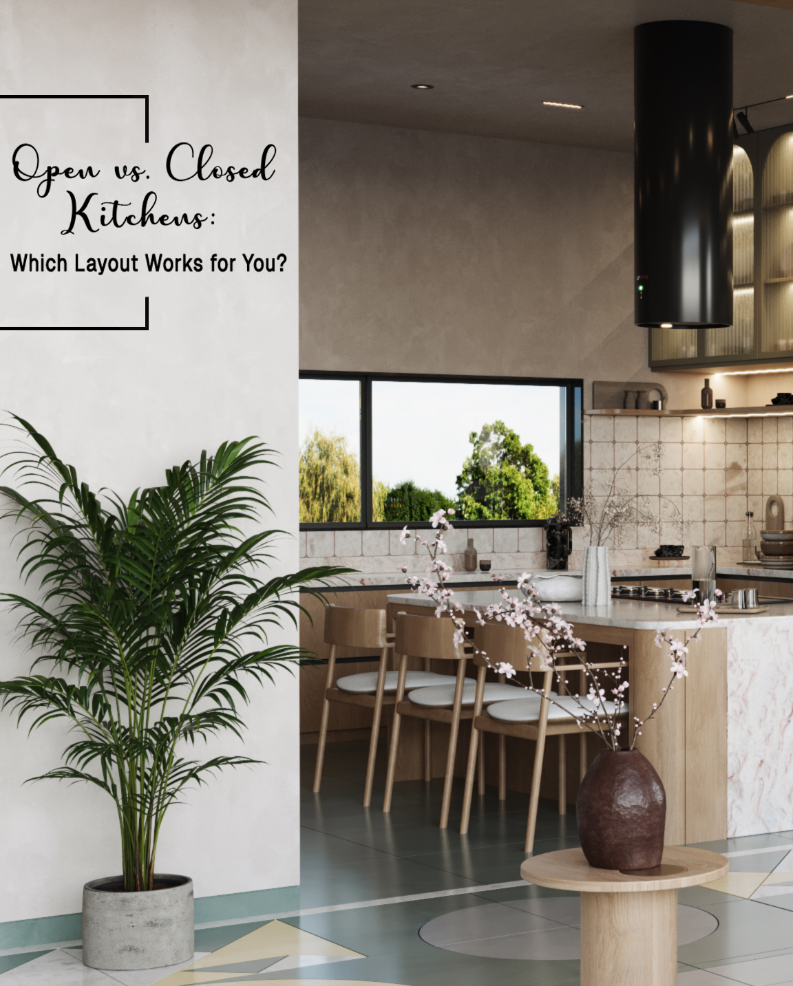 Open kitchen layout with island counter and pendant lights