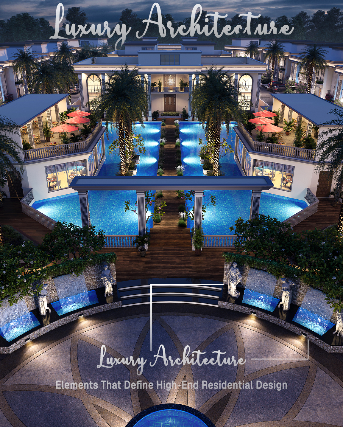 Grand luxury villa entrance with custom stone façade