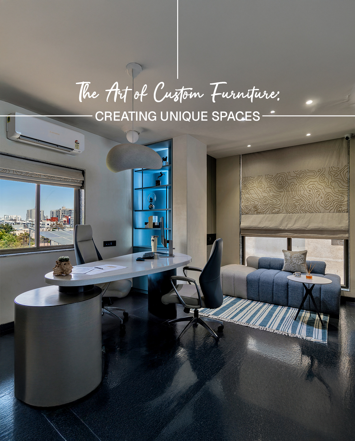 Custom wooden desk with bookshelf wall unit